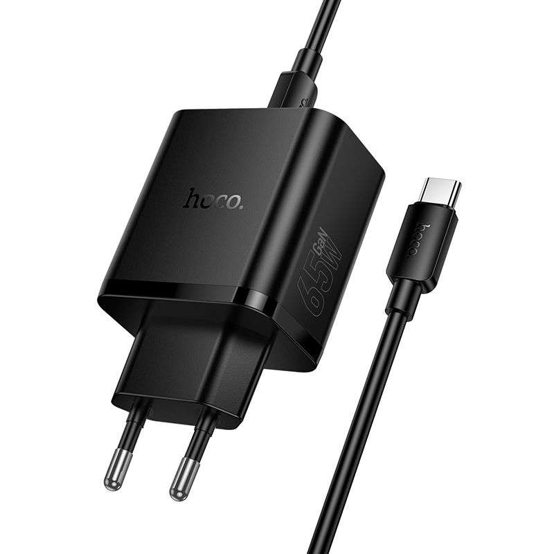 SPOTT-GR Hoco N75 - Φορτιστής με Υποδοχές 2x Type-C και USB-A (QC 3.0 PD 3A 65W) και Καλώδιο Φόρτισης Type-C σε Type-C σε Μαύρο Χρώμα