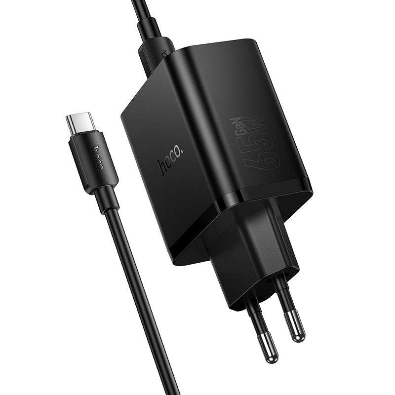 SPOTT-GR Hoco N75 - Φορτιστής με Υποδοχές 2x Type-C και USB-A (QC 3.0 PD 3A 65W) και Καλώδιο Φόρτισης Type-C σε Type-C σε Μαύρο Χρώμα