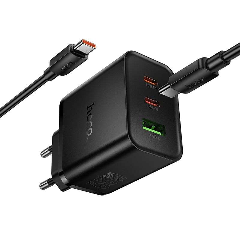 SPOTT-GR Hoco N75 - Φορτιστής με Υποδοχές 2x Type-C και USB-A (QC 3.0 PD 3A 65W) και Καλώδιο Φόρτισης Type-C σε Type-C σε Μαύρο Χρώμα