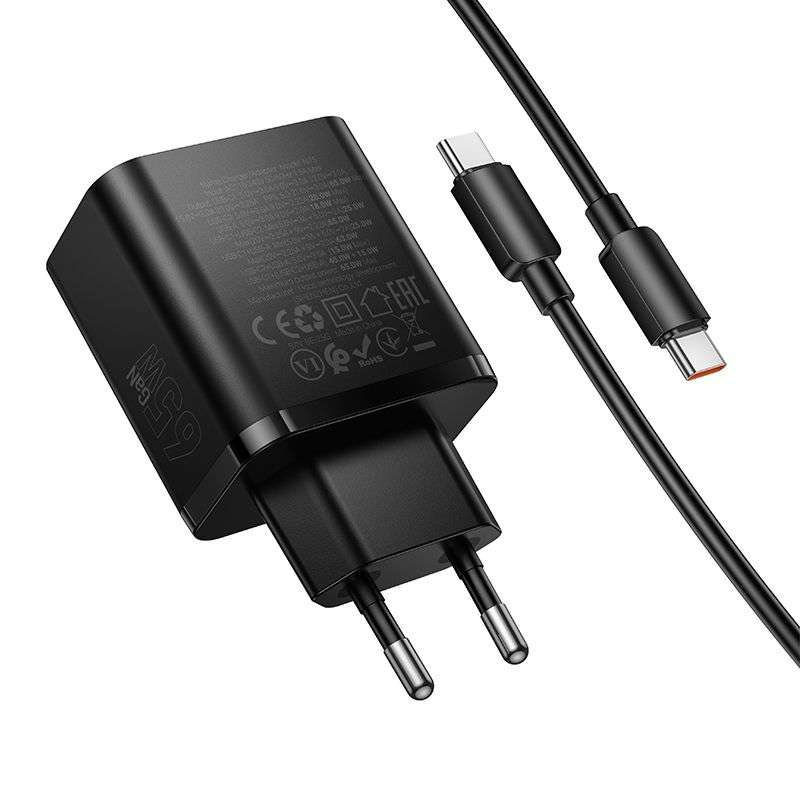 SPOTT-GR Hoco N75 - Φορτιστής με Υποδοχές 2x Type-C και USB-A (QC 3.0 PD 3A 65W) και Καλώδιο Φόρτισης Type-C σε Type-C σε Μαύρο Χρώμα