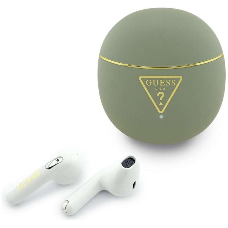 SPOTT-GR GUESS Small Round Script Print Earbuds - Ασύρματα In-Ear Ακουστικά Bluetooth σε Άσπρο Χρώμα με Μπεζ Θήκη