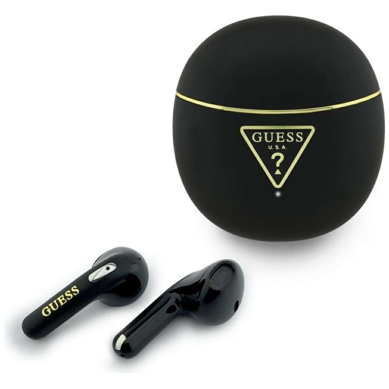 SPOTT-GR Guess Small Round Script Print Earbuds - Ασύρματα In-Ear Ακουστικά Bluetooth σε Μαύρο Χρώμα με Μαύρη Θήκη
