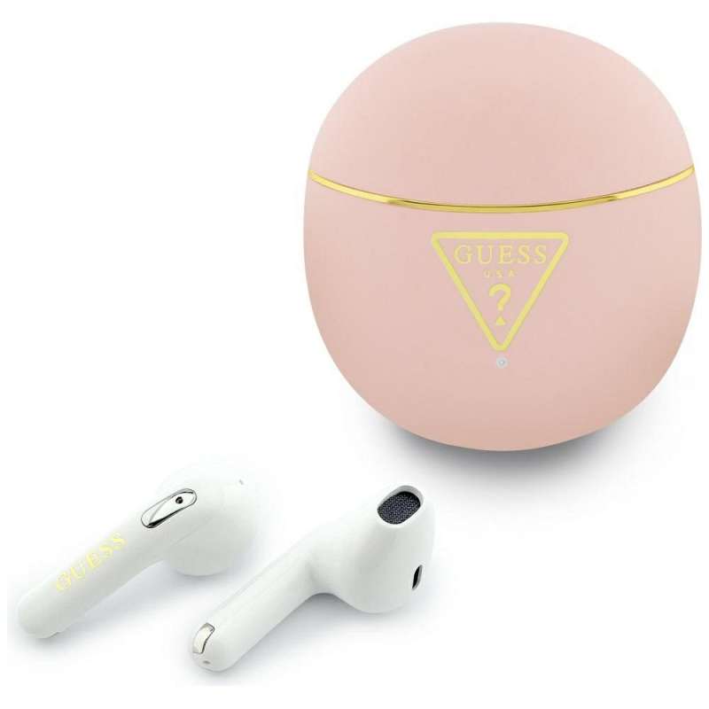 SPOTT-GR Guess Small Round Script Print Earbuds - Ασύρματα In-Ear Ακουστικά Bluetooth σε Άσπρο Χρώμα με Ροζ Θήκη