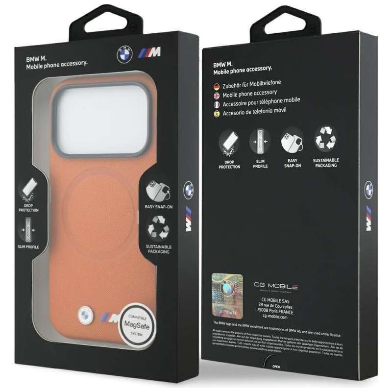 SPOTT-GR Θήκη BMW για Apple iPhone 17 Pro με Υποστήριξη MagSafe (PU FW Metal Logo) σε Πορτοκαλί Χρώμα