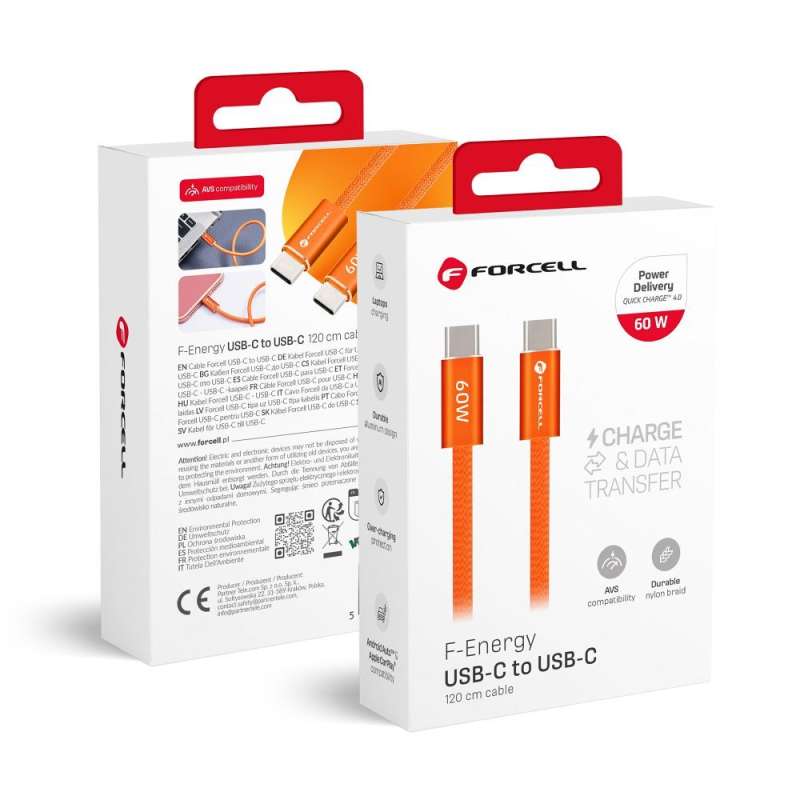 SPOTT-GR Forcell F-Energy ACYH23 - Καλώδιο Type-C σε Type-C (QC4.0 PD 3A 60W) 1.2m σε Πορτοκαλί Χρώμα