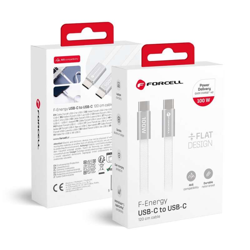 SPOTT-GR Forcell F-Energy CCFN23 - Καλώδιο Flat Type-C σε Type-C (QC4.0 PD 5A 100W) 1.2m σε Άσπρο Χρώμα