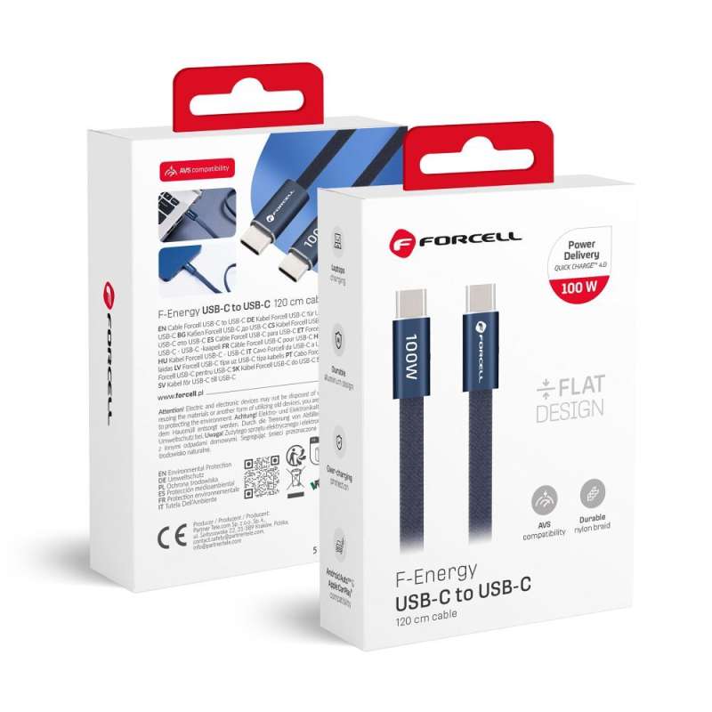 SPOTT-GR Forcell F-Energy CCFN23 - Καλώδιο Flat Type-C σε Type-C (QC4.0 PD 5A 100W) 1.2m σε Μπλε Χρώμα