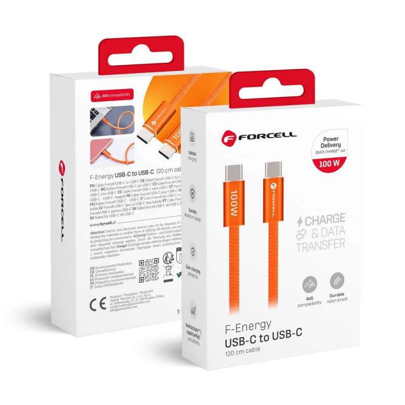 SPOTT-GR Forcell F-Energy CCFN23 - Καλώδιο Flat Type-C σε Type-C (QC4.0 PD 5A 100W) 1.2m σε Πορτοκαλί Χρώμα