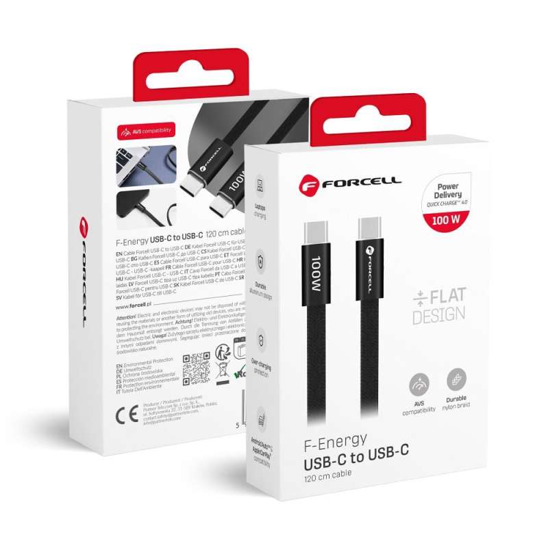 SPOTT-GR Forcell F-Energy CCFN23 - Καλώδιο Flat Type-C σε Type-C (QC4.0 PD 5A 100W) 1.2m σε Μαύρο Χρώμα