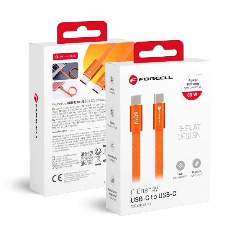 SPOTT-GR Forcell F-Energy CCFN23 - Καλώδιο Flat Type-C σε Type-C (QC4.0 PD 3A 60W) 1.2m σε Πορτοκαλί Χρώμα