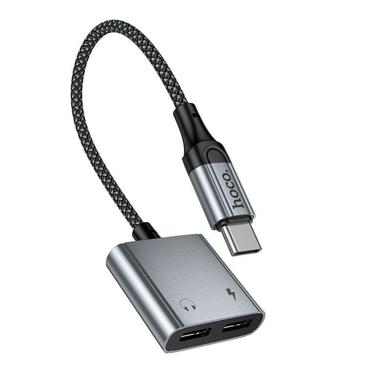 SPOTT-GR Hoco UPA34A - Μετατροπέας AUX Type-C σε Διπλό Type-C (10W) σε Γκρι Χρώμα