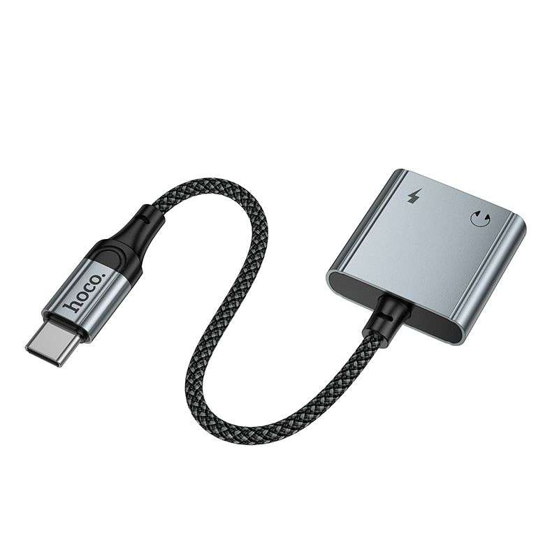 SPOTT-GR Hoco UPA34A - Μετατροπέας AUX Type-C σε Διπλό Type-C (10W) σε Γκρι Χρώμα