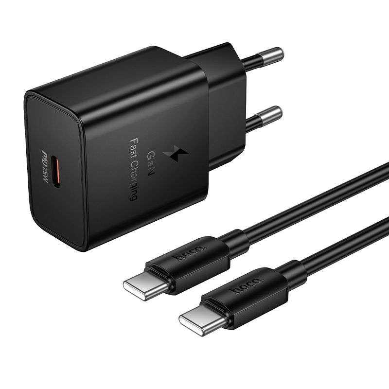 SPOTT-GR Hoco N76 - Φορτιστής με Υποδοχή Type-C (QC PD 25W) και Καλώδιο Φόρτισης Type-C σε Type-C σε Μαύρο Χρώμα