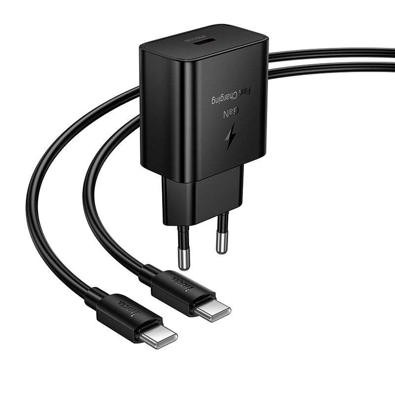 SPOTT-GR Hoco N76 - Φορτιστής με Υποδοχή Type-C (QC PD 25W) και Καλώδιο Φόρτισης Type-C σε Type-C σε Μαύρο Χρώμα