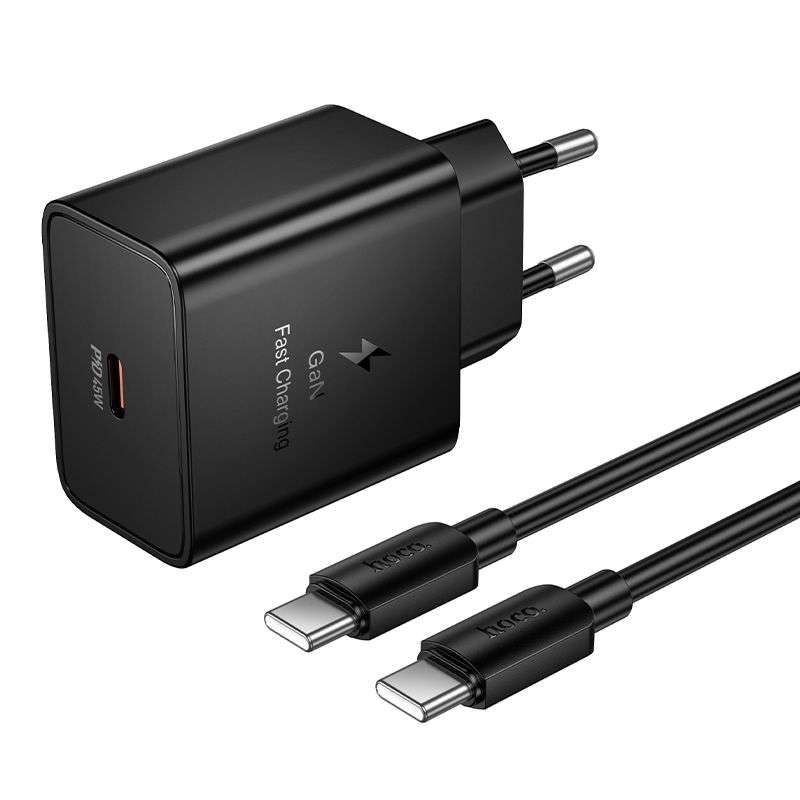 SPOTT-GR Hoco N77 - Φορτιστής με Υποδοχή Type-C (QC PD 45W) και Καλώδιο Φόρτισης Type-C σε Type-C σε Μαύρο Χρώμα