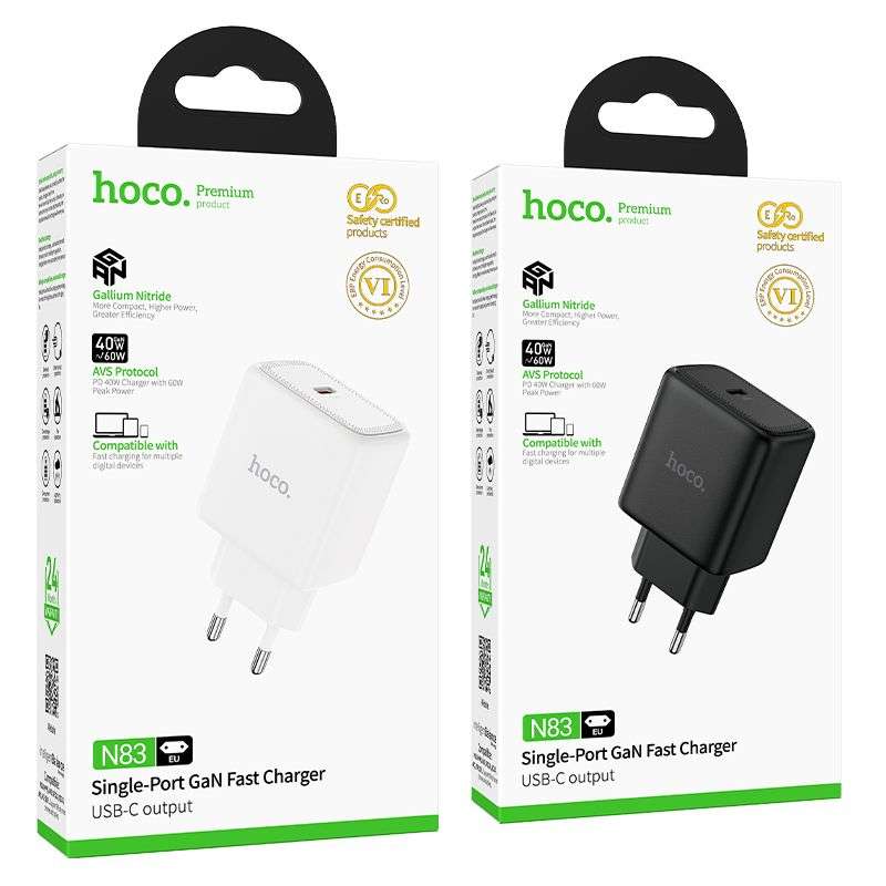 SPOTT-GR Hoco N83 - Φορτιστής GaN με Υποδοχή Type-C (PD AVS 40W Max 60W) σε Μαύρο Χρώμα