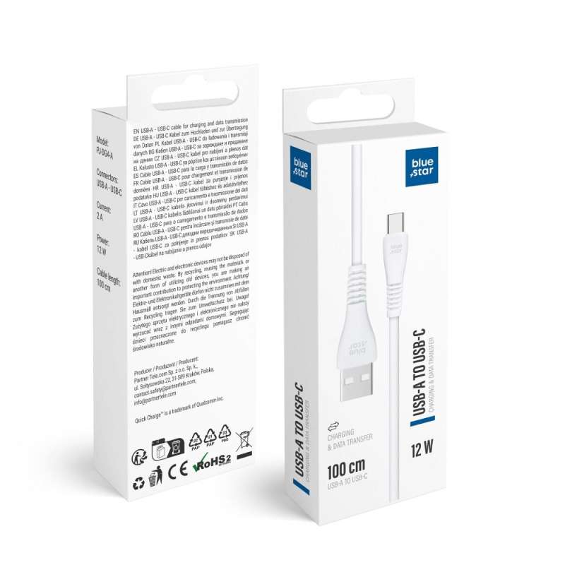 SPOTT-GR Blue Star PJ-DG4-A - Καλώδιο USB-A σε Type-C (2A 12W) 1m σε Άσπρο Χρώμα