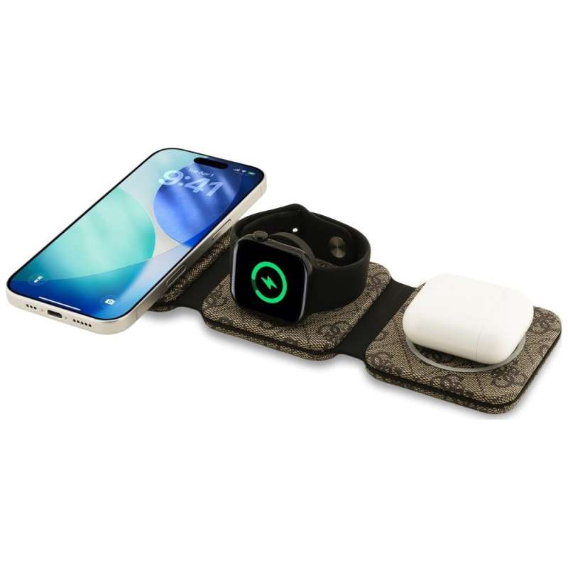 SPOTT-GR GUESS Wireless MagSafe Charger - Ασύρματος Φορτιστής 3 σε 1 με Υποστήριξη MagSafe 15W σε Καφέ Χρώμα