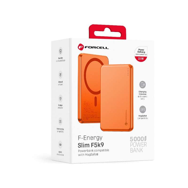 SPOTT-GR Forcell F-Energy Slim F5K9 - Power Bank 5000mAh με Υποστήριξη MagSafe (QC4.0 PD3.0) 15W σε Πορτοκαλί Χρώμα