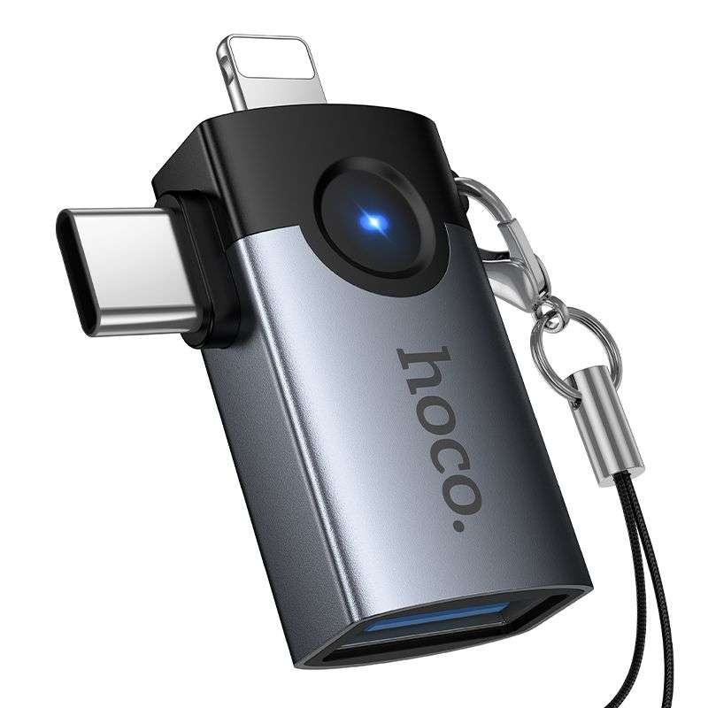 SPOTT-GR Hoco UA46E Victory - Μετατροπέας OTG με Υποδοχές Lightning / Type-C σε USB-A σε Γκρι Χρώμα