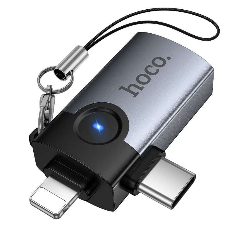 SPOTT-GR Hoco UA46E Victory - Μετατροπέας OTG με Υποδοχές Lightning / Type-C σε USB-A σε Γκρι Χρώμα