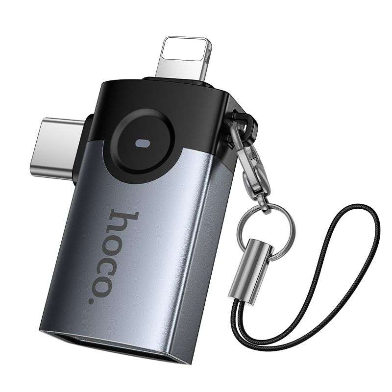 SPOTT-GR Hoco UA46E Victory - Μετατροπέας OTG με Υποδοχές Lightning / Type-C σε USB-A σε Γκρι Χρώμα