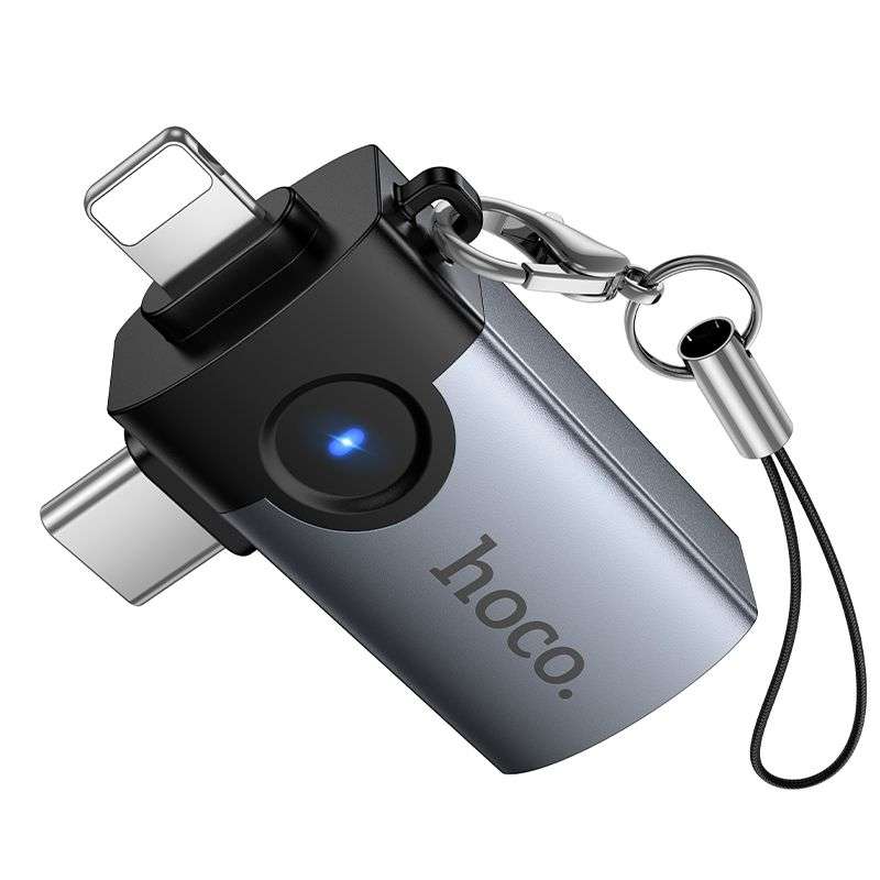SPOTT-GR Hoco UA46E Victory - Μετατροπέας OTG με Υποδοχές Lightning / Type-C σε USB-A σε Γκρι Χρώμα