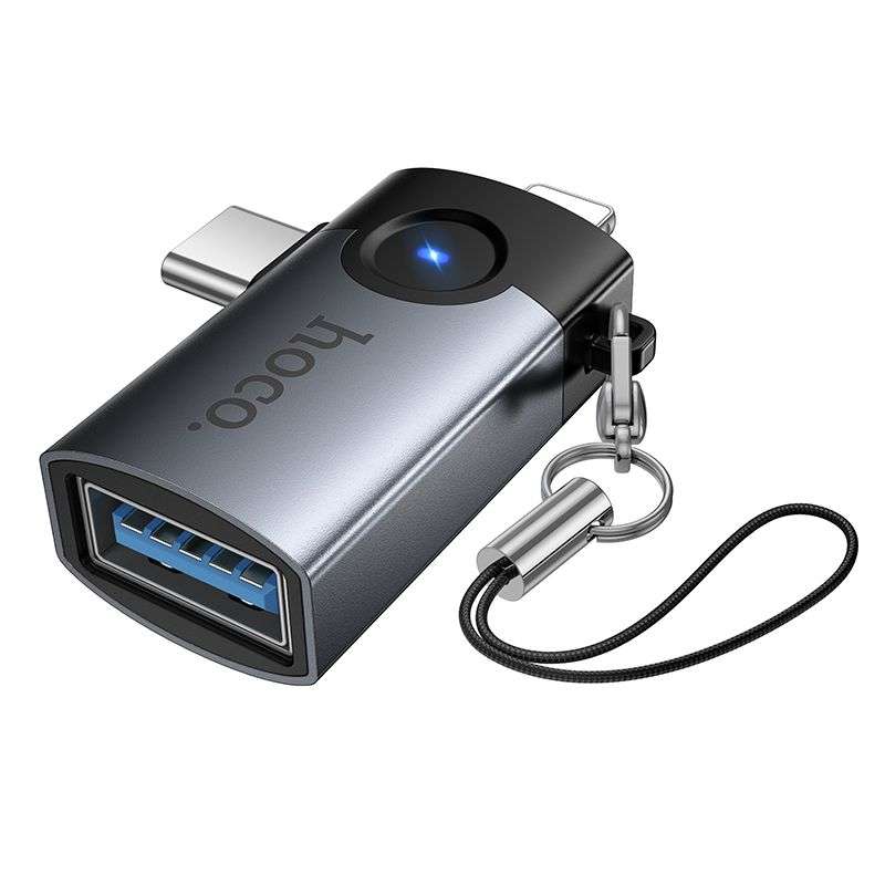 SPOTT-GR Hoco UA46E Victory - Μετατροπέας OTG με Υποδοχές Lightning / Type-C σε USB-A σε Γκρι Χρώμα