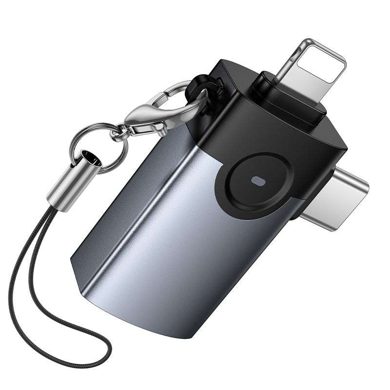 SPOTT-GR Hoco UA46E Victory - Μετατροπέας OTG με Υποδοχές Lightning / Type-C σε USB-A σε Γκρι Χρώμα