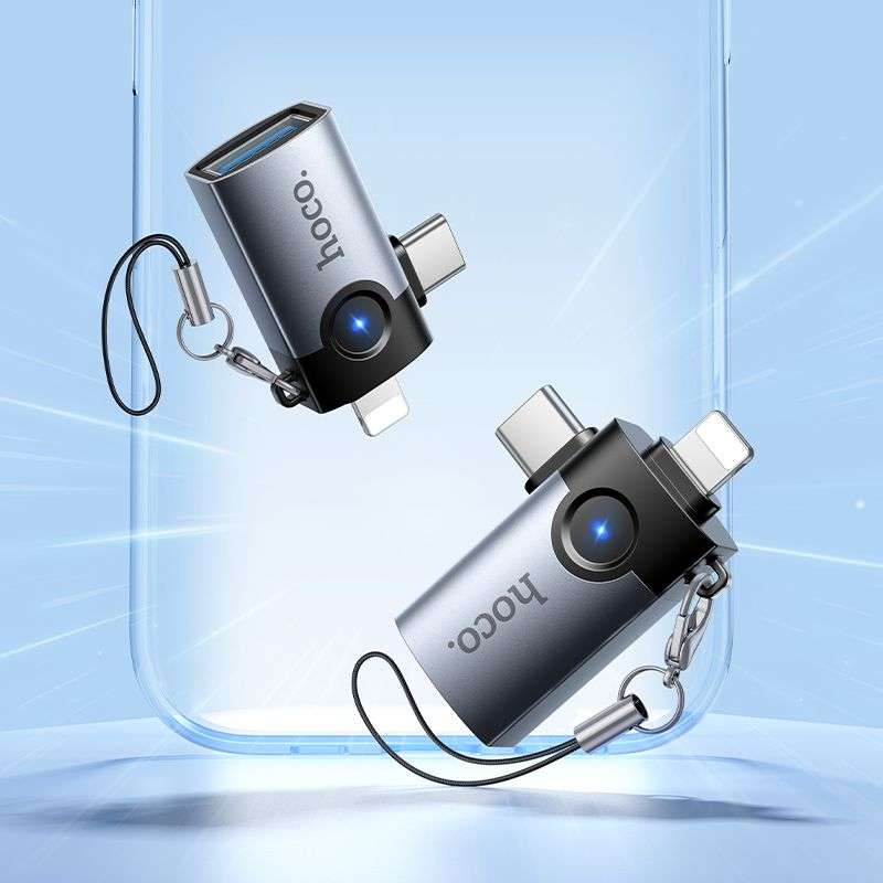 SPOTT-GR Hoco UA46E Victory - Μετατροπέας OTG με Υποδοχές Lightning / Type-C σε USB-A σε Γκρι Χρώμα