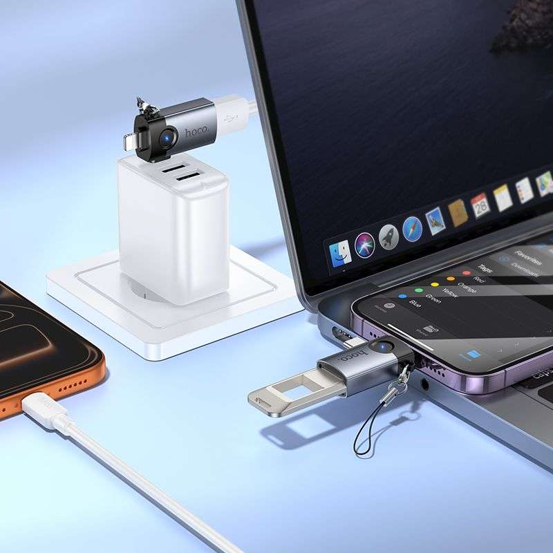 SPOTT-GR Hoco UA46E Victory - Μετατροπέας OTG με Υποδοχές Lightning / Type-C σε USB-A σε Γκρι Χρώμα