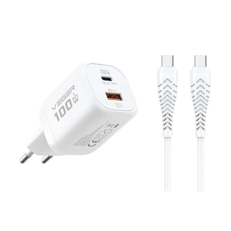 SPOTT-GR Veger TR150 - Φορτιστής με Υποδοχές USB-A και Type-C (PD Super Charge PPS) 100W και Καλώδιο Φόρτισης Type-C σε Άσπρο Χρώμα