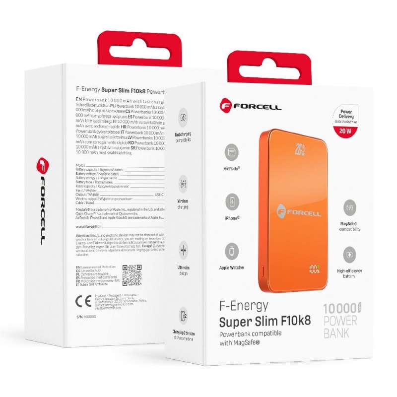 SPOTT-GR Forcell F-Energy F10K8 Super Slim - Power Bank με Υποστήριξη MagSafe PD3.0 QC 4.0 15W 10000mAh σε ΠορτοκαλΧρώμα