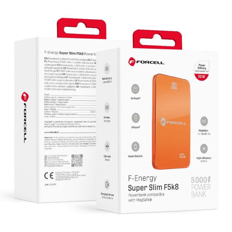SPOTT-GR Forcell F-Energy F5K8 Super Slim - Power Bank με Υποστήριξη MagSafe PD3.0 QC 4.0 15W 5000mAh σε Πορτοκαλί Χρώμα