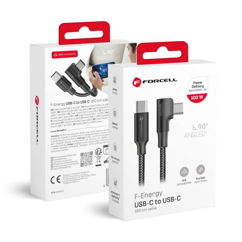 SPOTT-GR Forcell F-Energy CC-1Deg - Καλώδιο με Γωνία 90° Type-C σε Type-C (QC4.0 PD 3A) 60W 1.2m σε Μαύρο Χρώμα