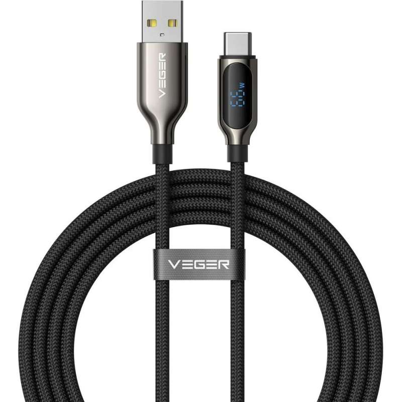 SPOTT-GR Veger AC1-XHJ - Καλώδιο Φόρτισης USB-A σε Type-C (PD 3A 66W) 1.2m με Οθόνη Ενδείξεων LED σε Μαύρο Χρώμα