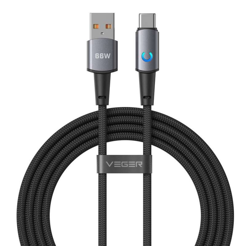 SPOTT-GR Veger AC1-ZSD - Καλώδιο Φόρτισης USB-A σε Type-C (PD 3A 66W) 1.2m με Ένδειξη LED σε Μαύρο Χρώμα