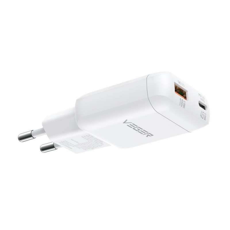 SPOTT-GR Veger TR121- Φορτιστής με Υποδοχές USB-A και Type-C (PD 45W) και Καλώδιο Type-C σε Type-C σε Άσπρο Χρώμα