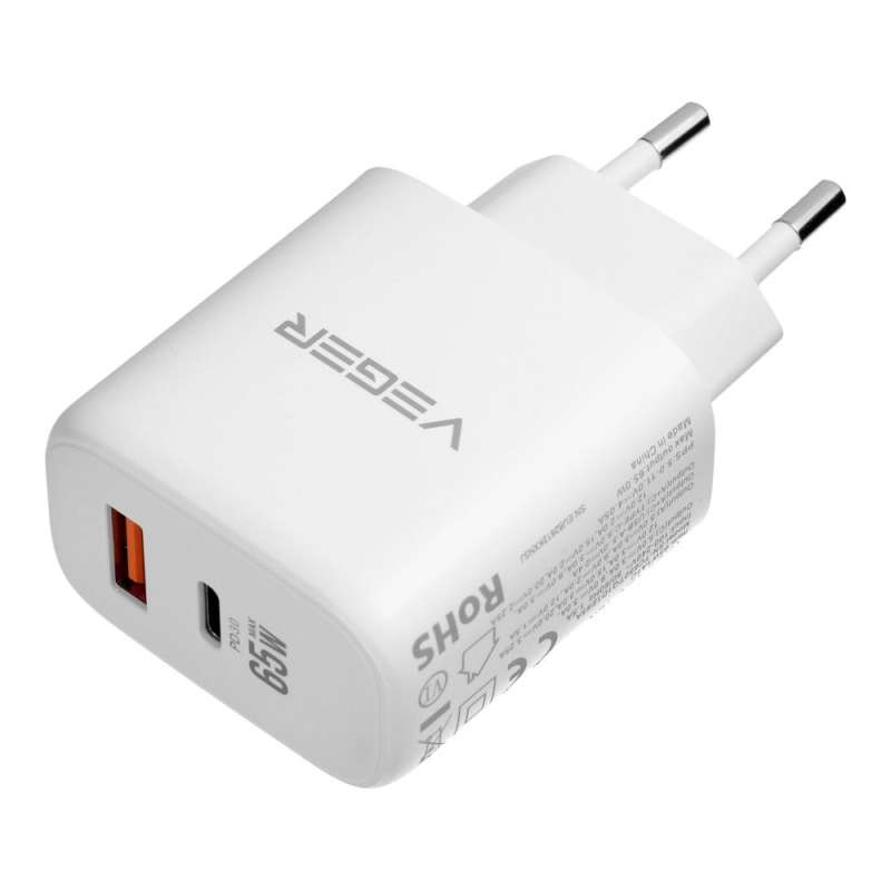 SPOTT-GR Veger TR67 - Φορτιστής με Υποδοχές USB-A και Type-C (PD QC 3.0 - 3.25A 65W) και Καλώδιο Type-C σε Type-C σε Άσπρο Χρώμα