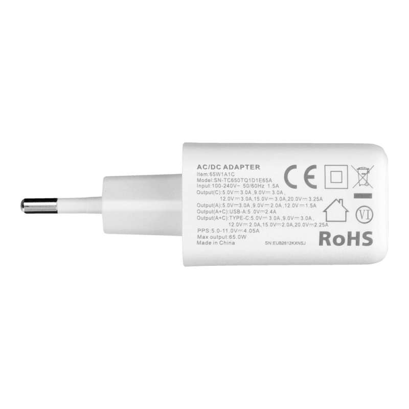SPOTT-GR Veger TR67 - Φορτιστής με Υποδοχές USB-A και Type-C (PD QC 3.0 - 3.25A 65W) και Καλώδιο Type-C σε Type-C σε Άσπρο Χρώμα