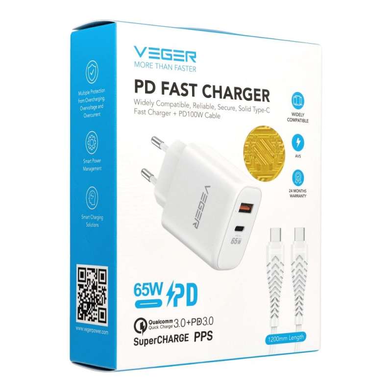 SPOTT-GR Veger TR67 - Φορτιστής με Υποδοχές USB-A και Type-C (PD QC 3.0 - 3.25A 65W) και Καλώδιο Type-C σε Type-C σε Άσπρο Χρώμα