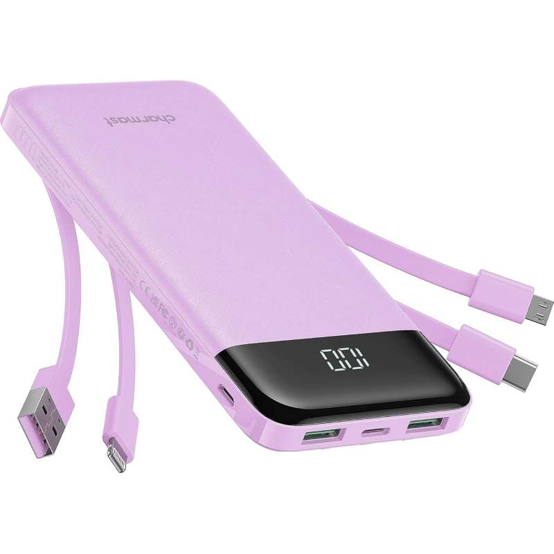 SPOTT-GR Charmast W1148 - Power Bank 10000mAh με 3 Υποδοχές και Ενσωματωμένα Καλώδια USB-A / Type-C / Lightning / Micro USB (5V 3A) σε Μωβ Χρώμα