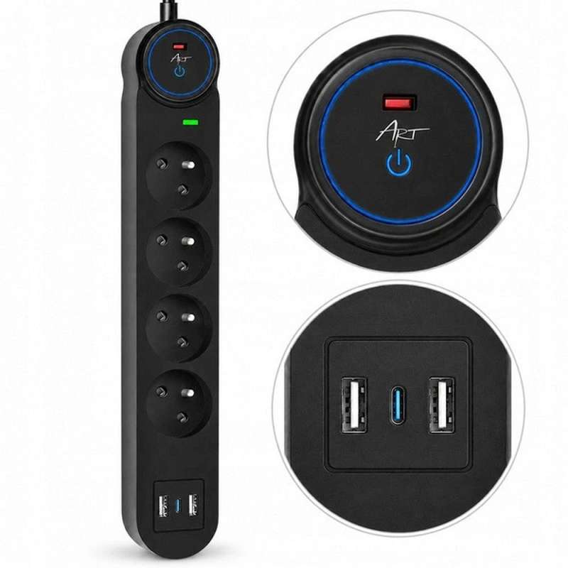 SPOTT-GR Art FU810 - Πολύπριζο με 4 Υποδοχές και Θύρες Φόρτισης 2 x USB-A / 1 x Type-C 1.5m σε Μαύρο Χρώμα