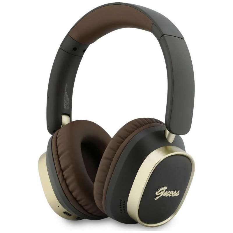 SPOTT-GR GUESS Rectangle Metal Script Headphones- Ασύρματα Over-Ear Aκουστικά Bluetooth με ENC (Ακύρωση Θορύβου) σε Καφέ Χρώμα