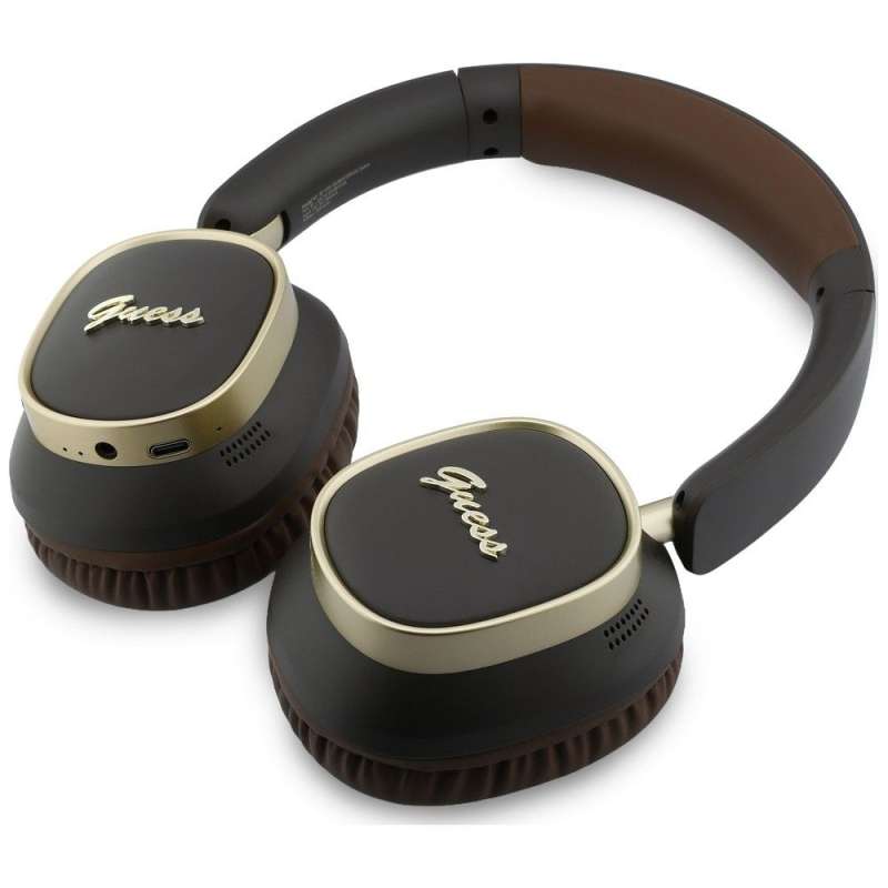 SPOTT-GR GUESS Rectangle Metal Script Headphones- Ασύρματα Over-Ear Aκουστικά Bluetooth με ENC (Ακύρωση Θορύβου) σε Καφέ Χρώμα