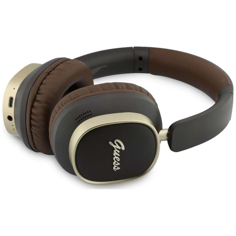 SPOTT-GR GUESS Rectangle Metal Script Headphones- Ασύρματα Over-Ear Aκουστικά Bluetooth με ENC (Ακύρωση Θορύβου) σε Καφέ Χρώμα