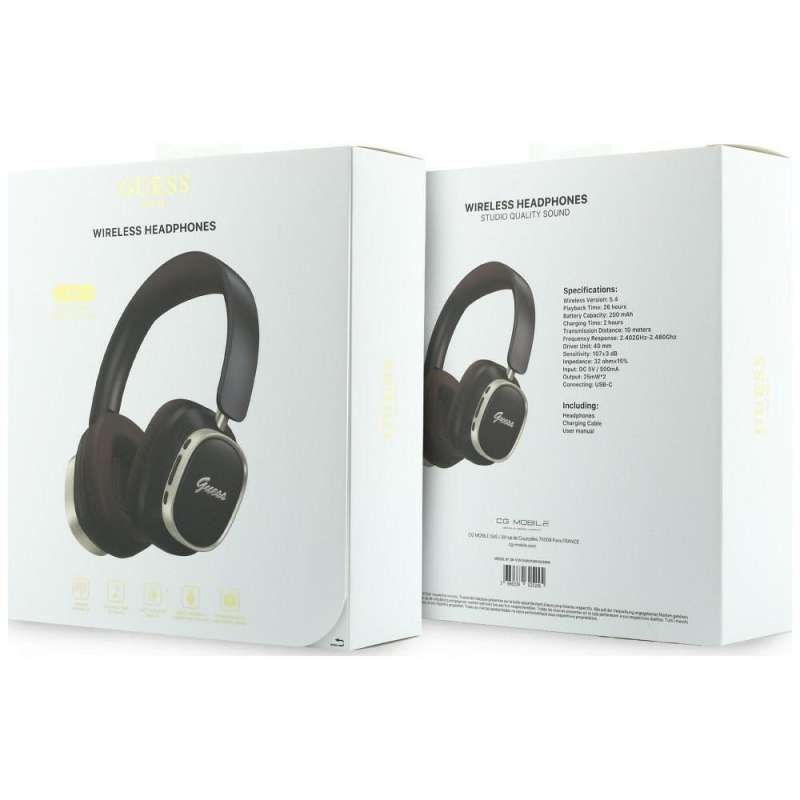 SPOTT-GR GUESS Rectangle Metal Script Headphones- Ασύρματα Over-Ear Aκουστικά Bluetooth με ENC (Ακύρωση Θορύβου) σε Καφέ Χρώμα