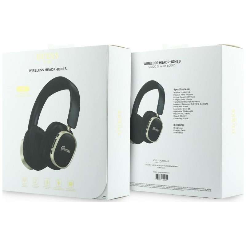 SPOTT-GR GUESS Rectangle Metal Script Headphones- Ασύρματα Over-Ear Aκουστικά Bluetooth με ENC (Ακύρωση Θορύβου) σε Μαύρο Χρώμα