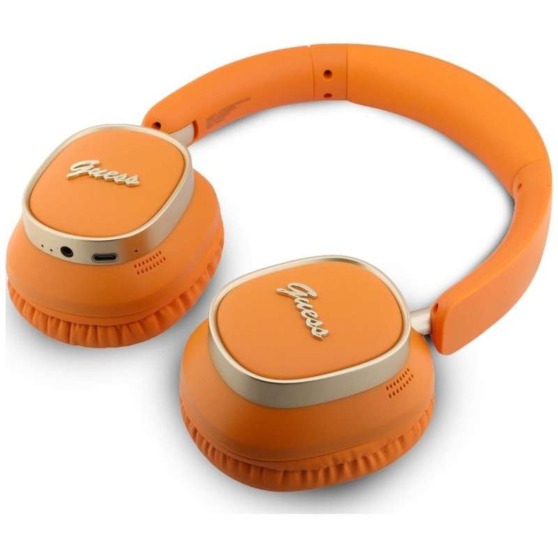 SPOTT-GR GUESS Rectangle Metal Script Headphones- Ασύρματα Over-Ear Aκουστικά Bluetooth με ENC (Ακύρωση Θορύβου) σε Πορτοκαλί Χρώμα