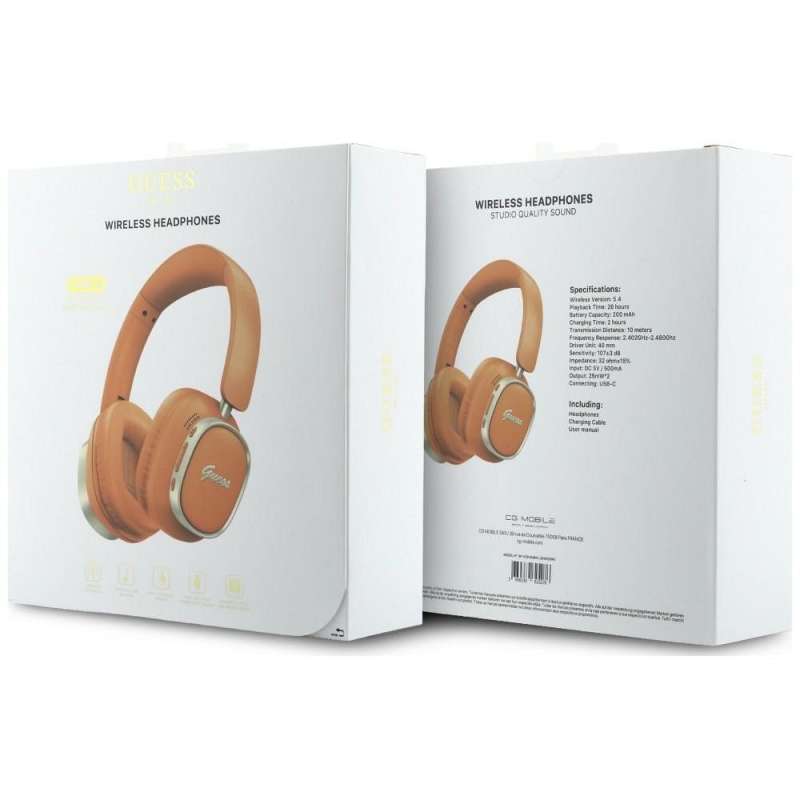 SPOTT-GR GUESS Rectangle Metal Script Headphones- Ασύρματα Over-Ear Aκουστικά Bluetooth με ENC (Ακύρωση Θορύβου) σε Πορτοκαλί Χρώμα